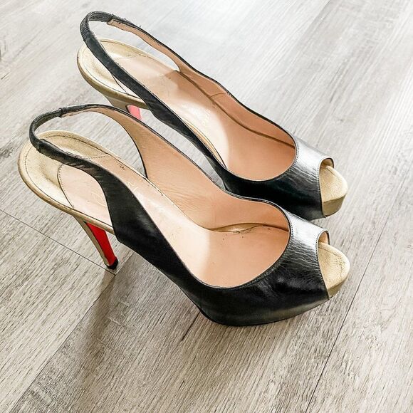 Christian Louboutin Black Gold Leather Slingback Peep Toe Pumps Size 39.5EU - Picture 9 of 13